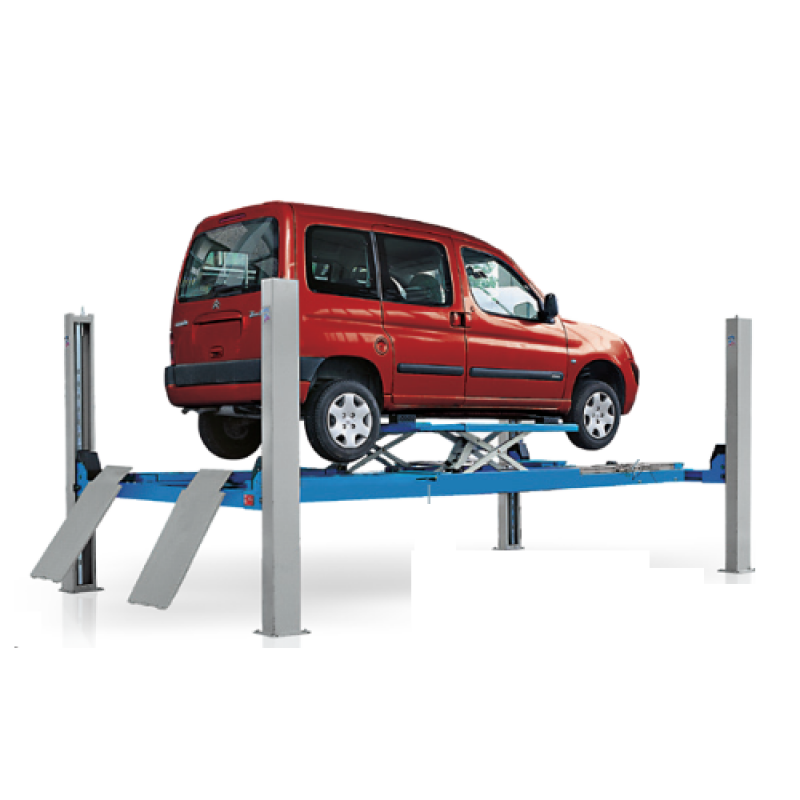 Cầu nâng 4 trụ 4 tấn, kiểm tra góc đặt bánh xe, có bàn nâng phụ (3 pha, màu xanh, chưa bao đĩa lái )